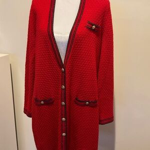 Red and navy knee length button down sweater, large, sharp